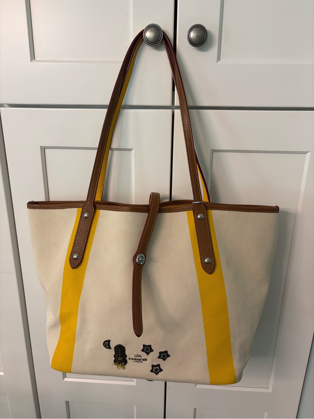 Coach Cream Canvas Tote with Yellow Stripes and Brown Trim
